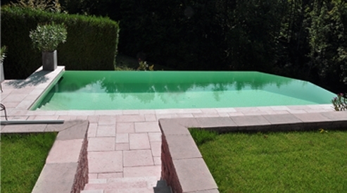 Aménagement paysager autour d’une piscine moderne avec vue panoramique à Lausanne